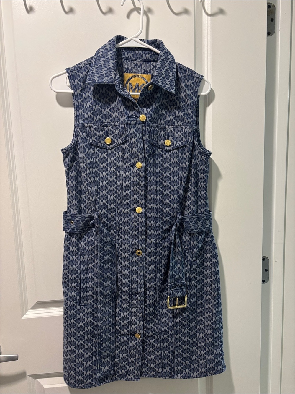 Michael Kors Navy Logo Denim Sleeveless Shirt Dress with Gold Accents
